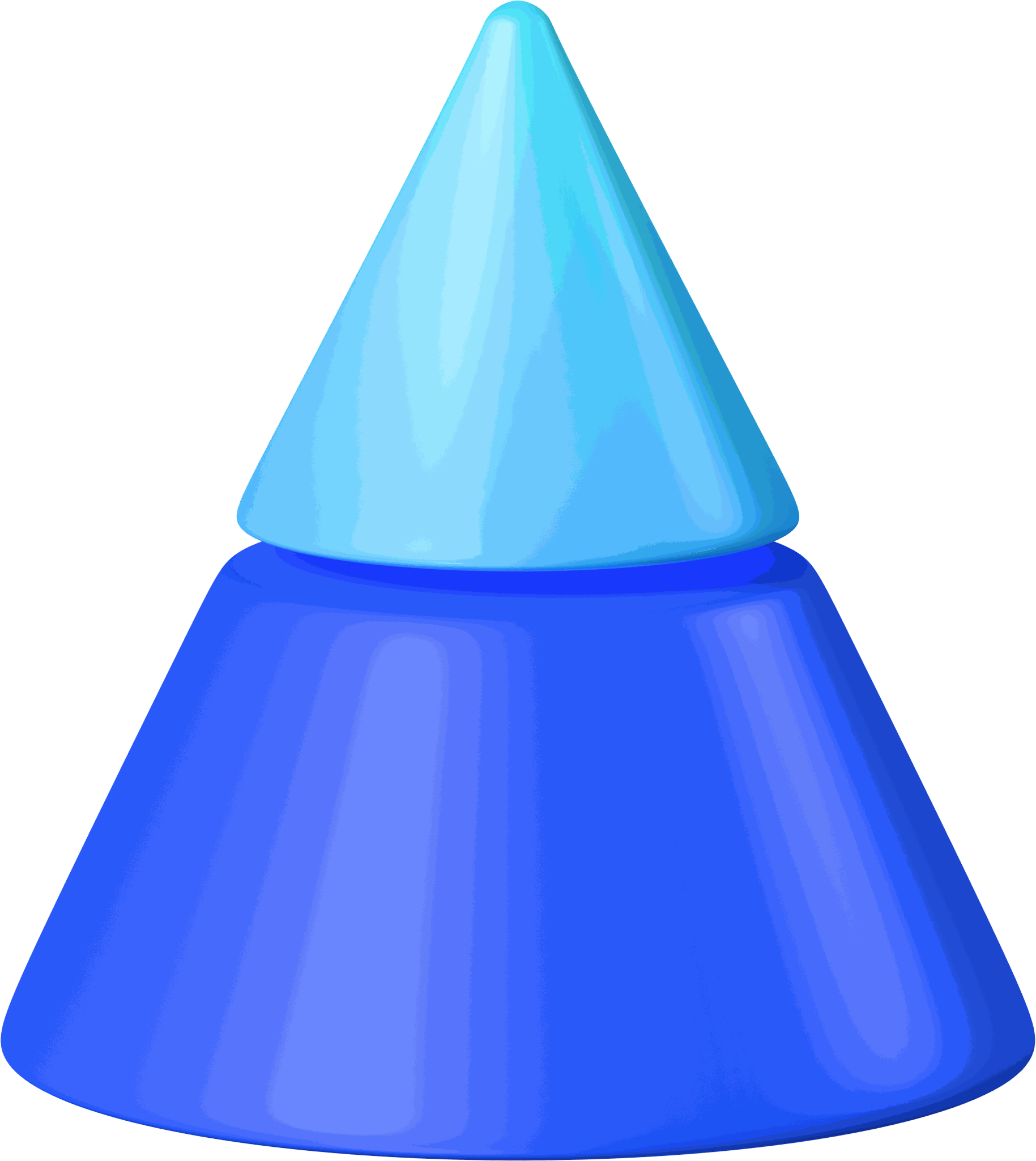 Digital illustration of a blue cone shape sitting atop a wider blue conical base, glossy render style, on a dark background, evoking focus and clarity